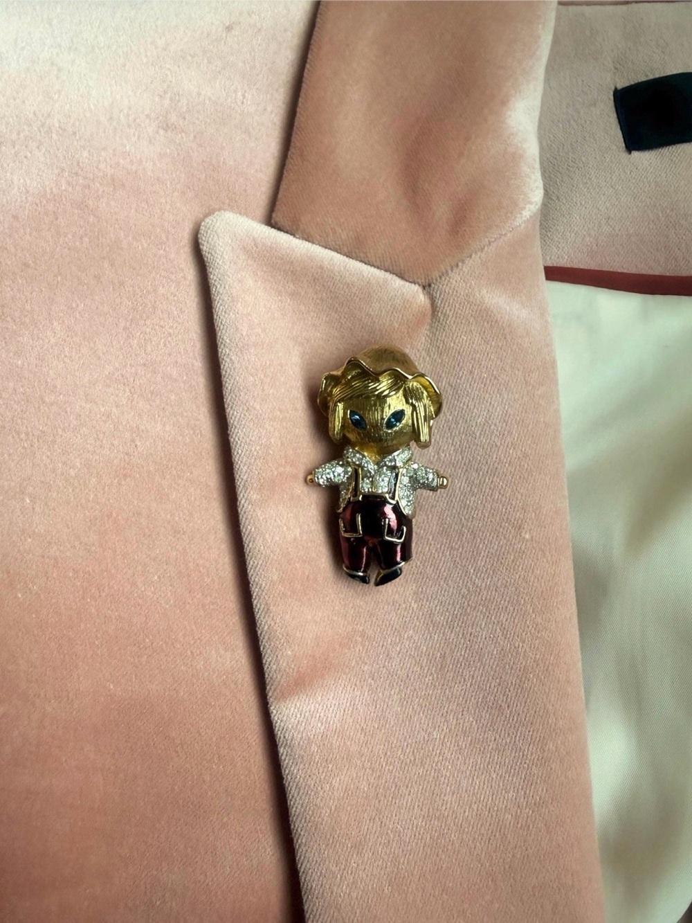Vintage Jomaz Gold-Tone Enamel Doll Brooch with Burgundy and Crystal Accents